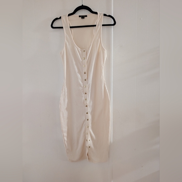 Revamped Cream Button-Front Midi Bodycon Dress With Gold Buttons - Picture 1 of 7